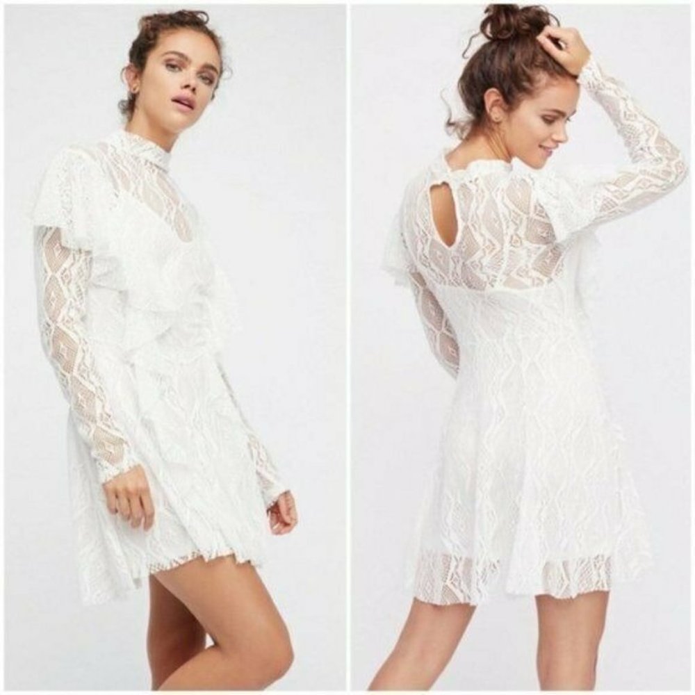 NEW Free People Creamy White Lace Rock Candy Mock Neck Dress M Ruffles Mini - Picture 12 of 12